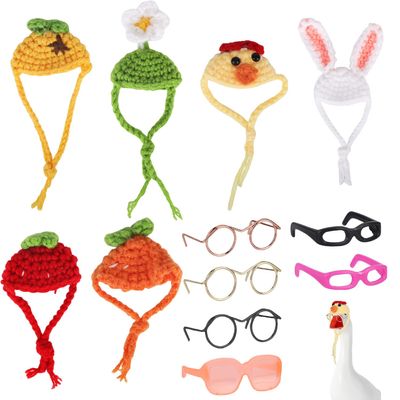 12pcs Desk Goose Accessories, 6 Mini Porch Goose Glasses and 6 Mini Knitted Hats for Statue Decor & 7in/17.78cm Office Desk Geese Accessories