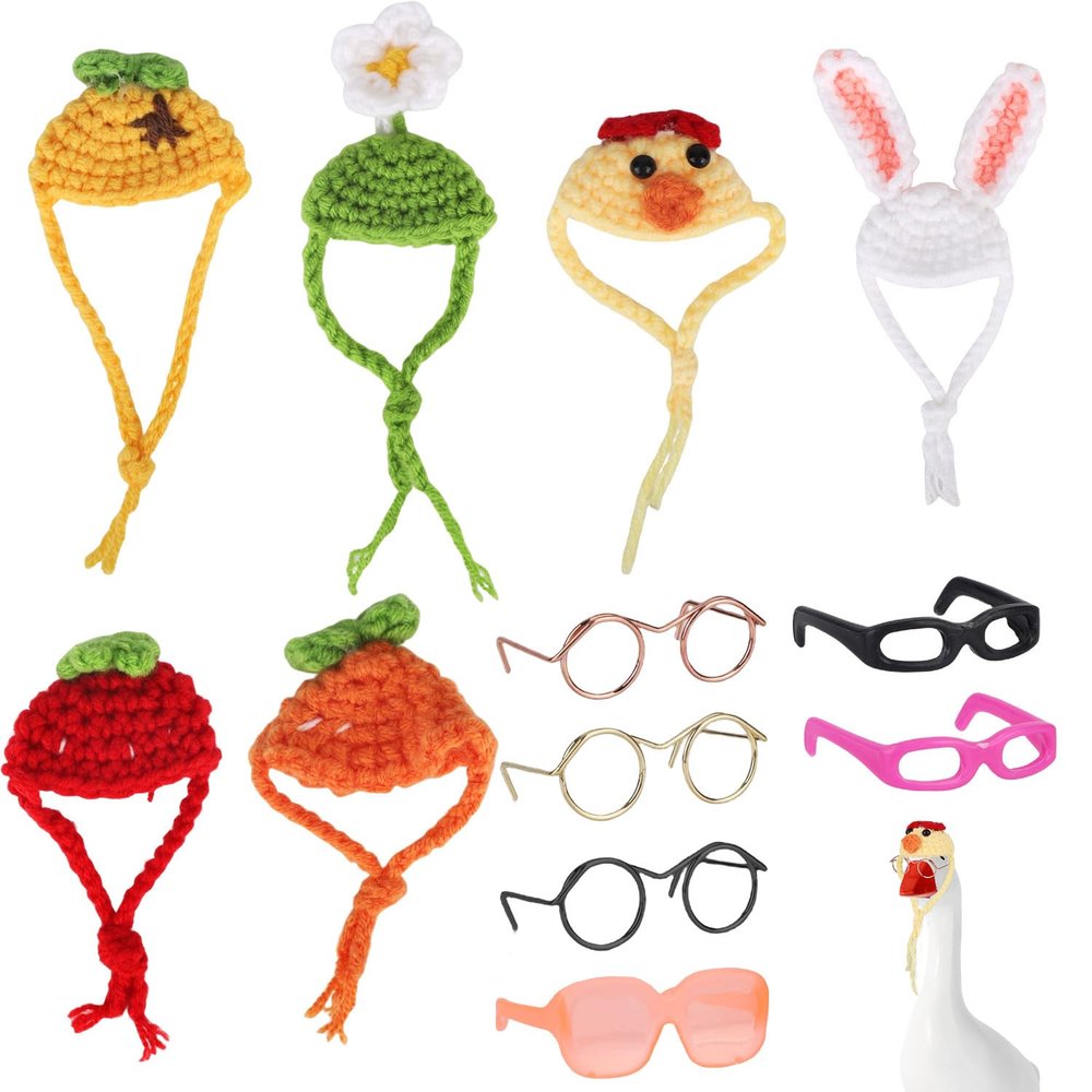 12pcs Desk Goose Accessories, 6 Mini Porch Goose Glasses and 6 Mini Knitted Hats for Statue Decor & 7in/17.78cm Office Desk Geese Accessories