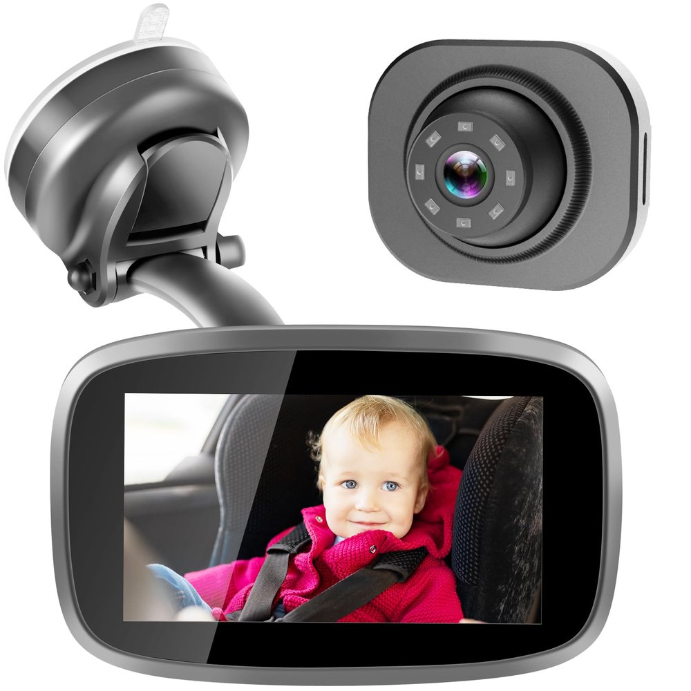 1080P Baby Car Mirror with 4.3" Screen Monitor, HD Night Vision, Reusable Sucker Bracket, 170 Wide View