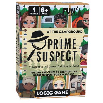 Fun Squared Games Prime Suspect  Logic Game with 45 Case Cards | Single Player or Group Play | Ages 8+ | Compact Brain Teaser Game | 5 Collectible Editions (Prime Suspect: at The Campground)