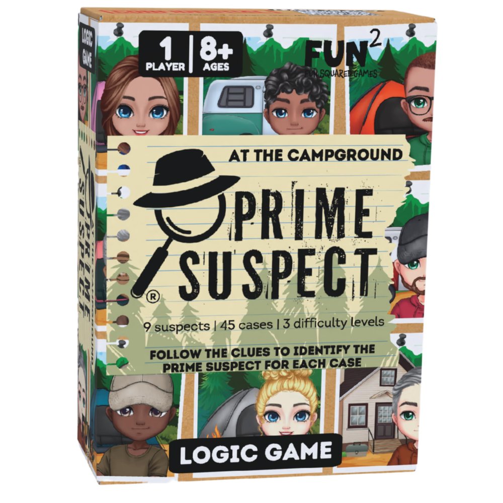 Fun Squared Games Prime Suspect  Logic Game with 45 Case Cards | Single Player or Group Play | Ages 8+ | Compact Brain Teaser Game | 5 Collectible Editions (Prime Suspect: at The Campground)