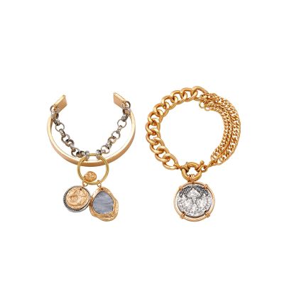 ZYIBPMSJKQCFK Punk Metal 2-Piece Retro Women'S Bracelet Set,golden,19.5cm