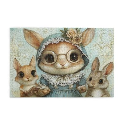 RMYRHQ Storybook Bunny Family Mother with Glasses Lace Dress Little Rabbit Reading Book Vintage Floral Background Wooden Puzzles for Adults 1000 Pieces Easter Decor Gift to Family Friends