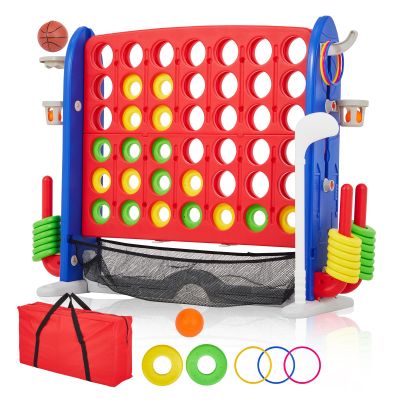 Giant 4 in a Row Game,Adjustable Height Board Jumbo 4-in-a-Row Game with Quick-Release Slider,Mini Basketball,Golf & Ring Toss Set for Family Party, Outdoor & Indoor