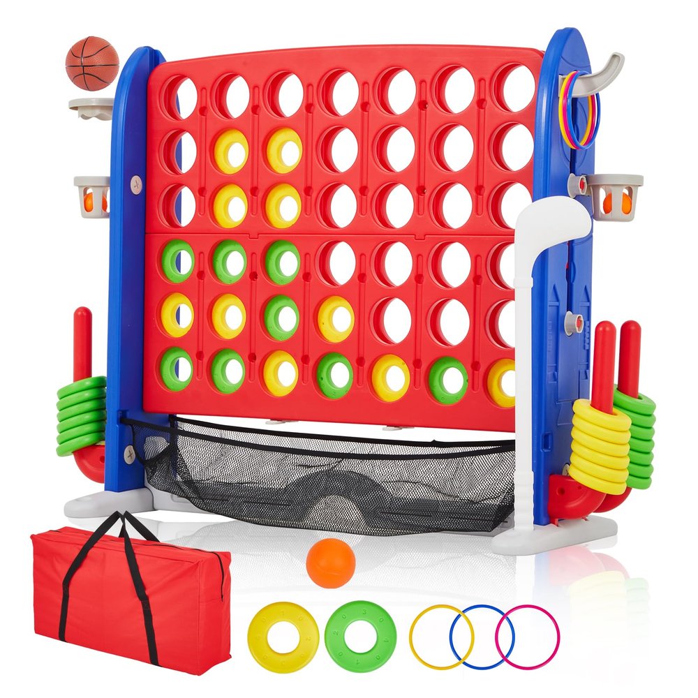 Giant 4 in a Row Game,Adjustable Height Board Jumbo 4-in-a-Row Game with Quick-Release Slider,Mini Basketball,Golf & Ring Toss Set for Family Party, Outdoor & Indoor