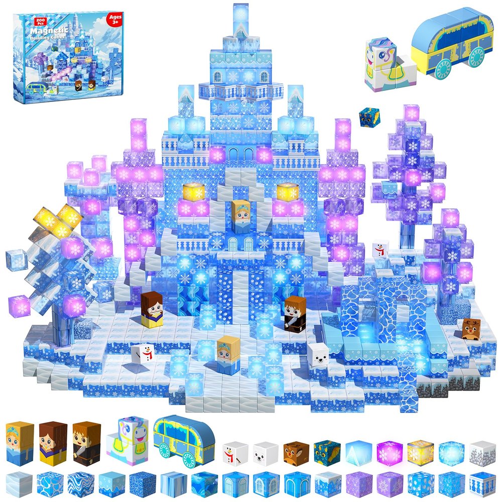 200 PCS Magnetic Blocks, Light Up & Transparent Magnetic Building Block for Blue Snow Princess Castle, Magnet Cubes Frozen Toys for Girls Ages 3 4-8 8-12 Birthdays Valentines Day Gift for Kids