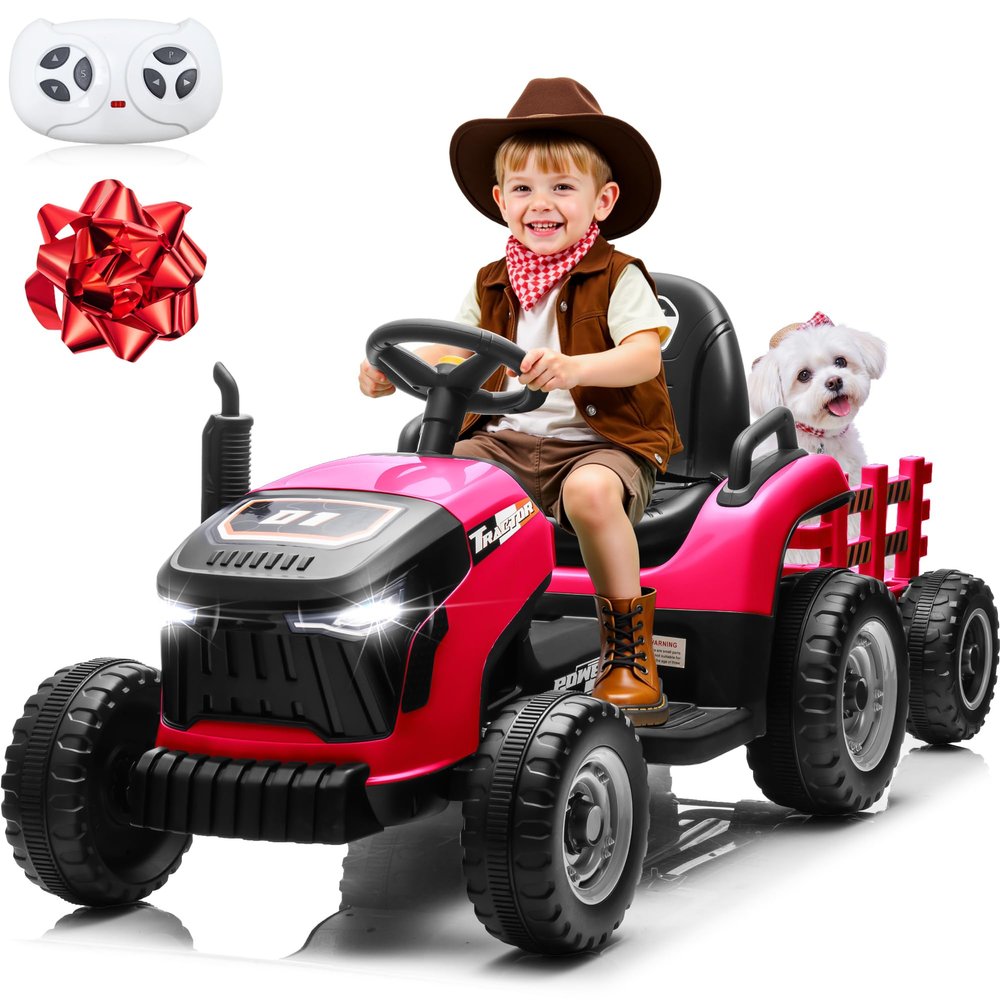 JORFLY 24V Kids Ride On Tractor w/400W Motors, 2-in-1 Power Tractor Wheels w/Remote Control, Tiltable & Detachable Trailer, Adjustable Seat, Music, 24Volt Ride On Toys Electric Tractor for Kids, Pink