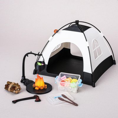 1:12 Miniature Doll Camping kit Includes Mini Fire Pit with Firewood and Tent, Diorama Prop, Model Collector's Kit Miniature Scene Layout Photography Props(Black)