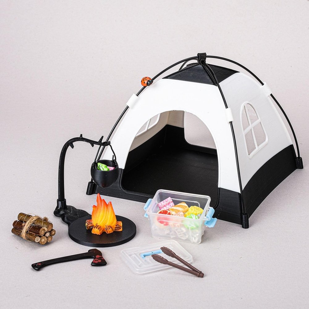 1:12 Miniature Doll Camping kit Includes Mini Fire Pit with Firewood and Tent, Diorama Prop, Model Collector's Kit Miniature Scene Layout Photography Props(Black)