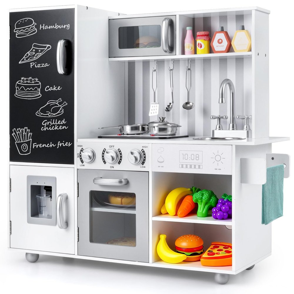 Costzon Kids Kitchen Playset, Large Wooden Chef Cooking Toy Set w/Real Sounds & Lights, Microwave, Blackboard, Oven, Ice Maker, Dishwasher, Utensils, Play Kitchen for Kids Ages 3+ (Silvey)