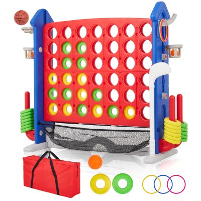 Giant 4 in a Row Game,Adjustable Height Board Jumbo 4-in-a-Row Game with Quick-Release Slider,Mini Basketball,Golf & Ring Toss Set for Family Party, Outdoor & Indoor
