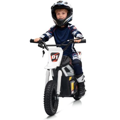 24V 350w Kids Motorcycle, 13.67 Mph Max Speed Kids Electric Bike, Dirt Bike with Rear Wheel Suspension, Music, 12 Miles Range, Twist Grip Throttle, Metal Suspension, Rubber Tire, Leather Seats, White