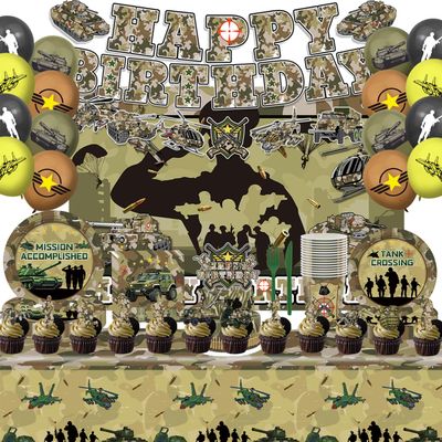 106Pcs Army Party Decorations Include Banner-Backdrop-Balloons-Cake Topper-Cupcake Toppers-Tableware-Plates-Napkins-Cups-Cutlery-Tablecloth for Camo Birthday Party Decorations
