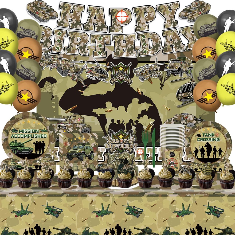 106Pcs Army Party Decorations Include Banner-Backdrop-Balloons-Cake Topper-Cupcake Toppers-Tableware-Plates-Napkins-Cups-Cutlery-Tablecloth for Camo Birthday Party Decorations