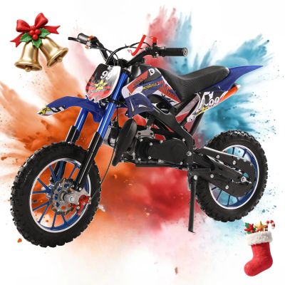 49CC 2-Stroke Kids Dirt Bike, Mini Bike Gas Powered for Kids & Adults Pocket Motorcycle Off-Road Motorcycle with Front Rear Disc Brakes Load 330 LBS for Outdoor Blue