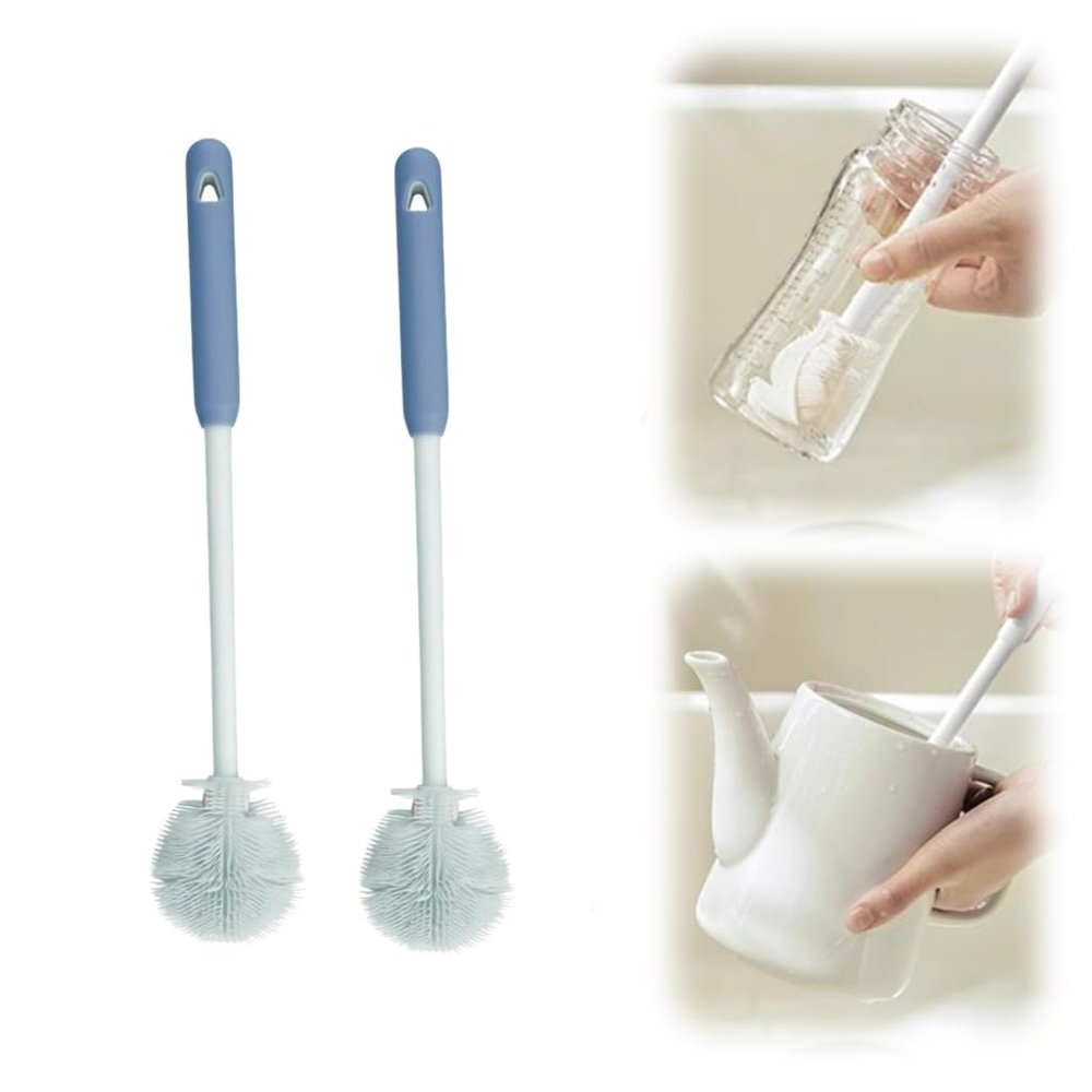2PCS Silicone Bottle Brush, Water Bottle Cleaner Brush with Long Handle, Soft Bristle Silicone Cup Brush, 360 Flexible Cleaner, Long Handle Water Bottle & Narrow Neck Container Cleaner (BLUE2*2)