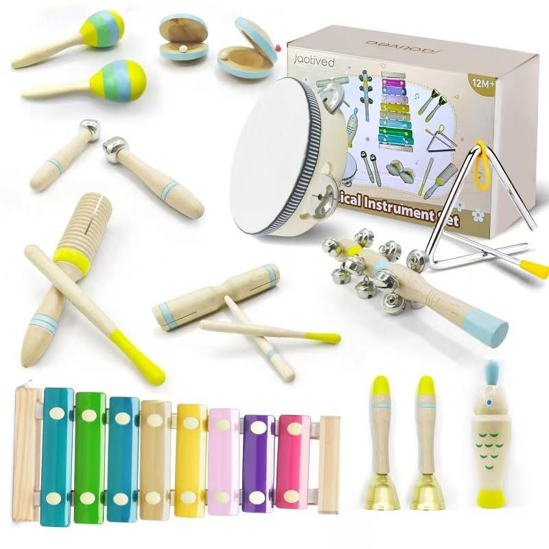 15Pcs Musical Toys for Toddlers 1-3, Baby Musical Instruments Set, Wooden Montessori Toys Percussion, Birthday Gifts for 1 2 3 Year Old Kids Boy Girls