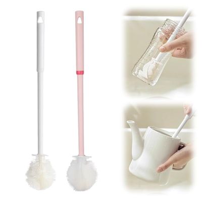 2PCS Silicone Bottle Brush, Water Bottle Cleaner Brush with Long Handle, Soft Bristle Silicone Cup Brush, 360 Flexible Cleaner, Long Handle Water Bottle & Narrow Neck Container Cleaner (White+PINK1)