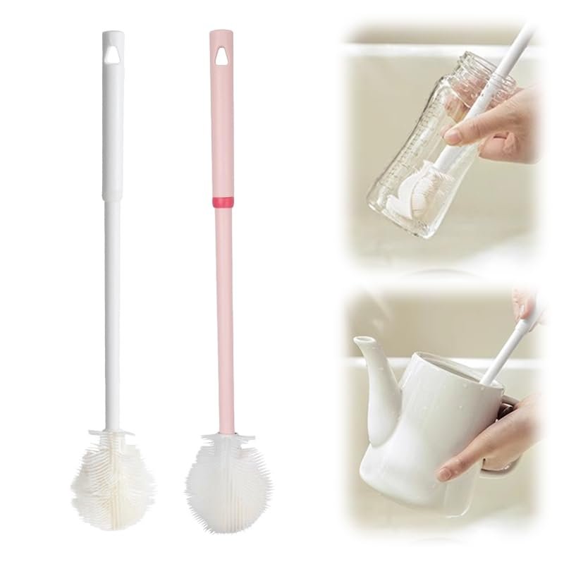 2PCS Silicone Bottle Brush, Water Bottle Cleaner Brush with Long Handle, Soft Bristle Silicone Cup Brush, 360 Flexible Cleaner, Long Handle Water Bottle & Narrow Neck Container Cleaner (White+PINK1)