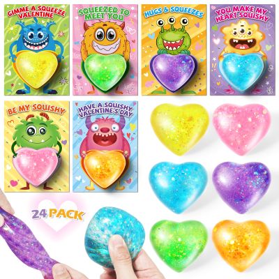 24 Pack Valentine's Day Cards for Kids with Stretchy Balls, Valentines Day Gifts for Kids, Heart Shape Squeeze Toys for School Classroom Valentine's Gifts Exchange, Valentines Party Favors Prizes