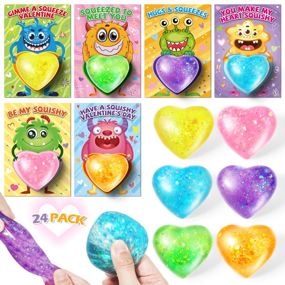 24 Pack Valentine's Day Cards for Kids with Stretchy Balls, Valentines Day Gifts for Kids, Heart Shape Squeeze Toys for School Classroom Valentine's Gifts Exchange, Valentines Party Favors Prizes