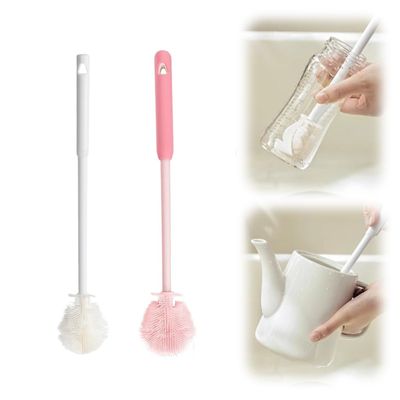 2PCS Silicone Bottle Brush, Water Bottle Cleaner Brush with Long Handle, Soft Bristle Silicone Cup Brush, 360 Flexible Cleaner, Long Handle Water Bottle & Narrow Neck Container Cleaner (White+PINK2)