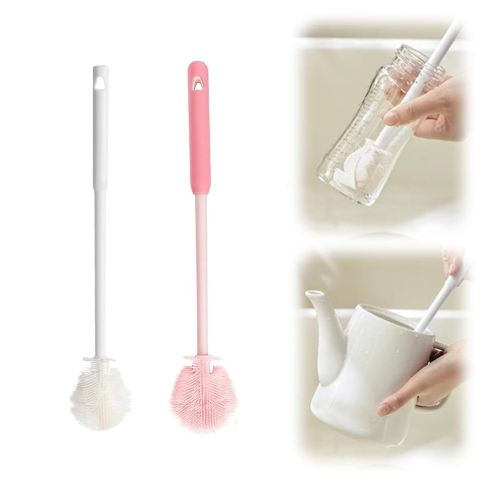 2PCS Silicone Bottle Brush, Water Bottle Cleaner Brush with Long Handle, Soft Bristle Silicone Cup Brush, 360 Flexible Cleaner, Long Handle Water Bottle & Narrow Neck Container Cleaner (White+PINK2)