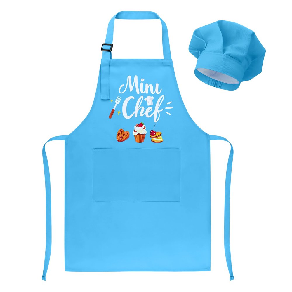 XLSXEXCL Kids Apron and Chef Hat Set, Mini Chef Funny Apron Adjustable Kitchen Apron for Boys and Girls for Cooking Baking Painting and Training (Blue)