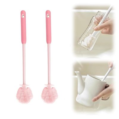 2PCS Silicone Bottle Brush, Water Bottle Cleaner Brush with Long Handle, Soft Bristle Silicone Cup Brush, 360 Flexible Cleaner, Long Handle Water Bottle & Narrow Neck Container Cleaner (PINK2*2)