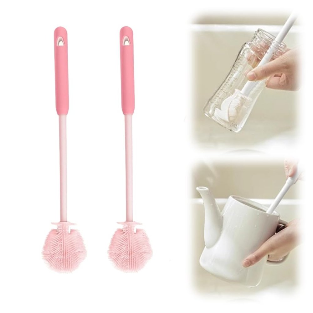 2PCS Silicone Bottle Brush, Water Bottle Cleaner Brush with Long Handle, Soft Bristle Silicone Cup Brush, 360 Flexible Cleaner, Long Handle Water Bottle & Narrow Neck Container Cleaner (PINK2*2)