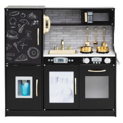 Costzon Kids Kitchen Playset, Wooden Pretend Cooking Toy Set w/Real Sound, Large Blackboard, Telephone, Microwave, Ice Maker, Dishwasher, Oven, Storage Space, Play Kitchen for Kids Ages 3+ (Black)