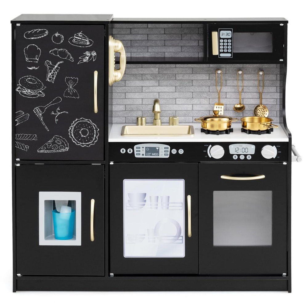 Costzon Kids Kitchen Playset, Wooden Pretend Cooking Toy Set w/Real Sound, Large Blackboard, Telephone, Microwave, Ice Maker, Dishwasher, Oven, Storage Space, Play Kitchen for Kids Ages 3+ (Black)