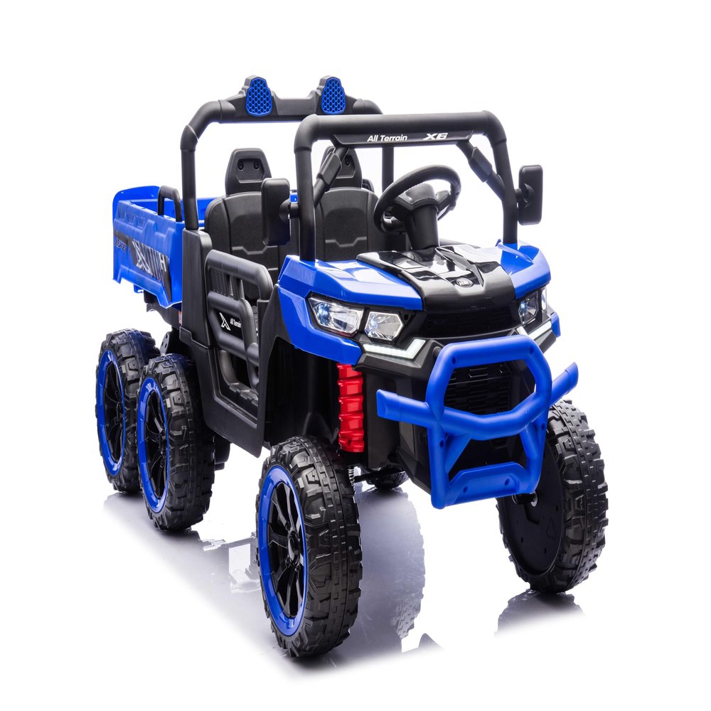 24V 2 Seater Ride On Dump Truck 6X6 Wheels with Electric Dump Bed, Electric UTV with Remote Control, Shovel, Music Player for Girls or Boys (Blue)