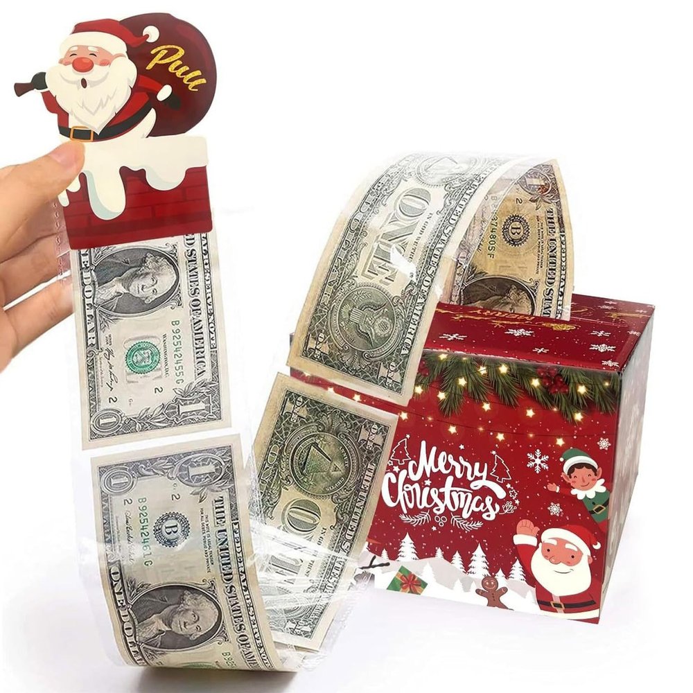 2025 Christmas Cash Pull Box VARACL Santa Claus Surprise Money Gift Box with 30 Transparent Bags, Xmas Money Holder for Kids Adults Fun Cash Pulling Game, Christmas Party Decoration Supplies