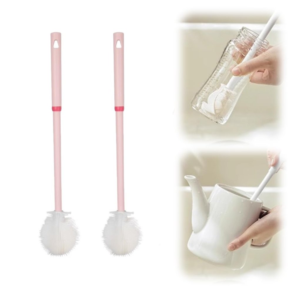 2PCS Silicone Bottle Brush, Water Bottle Cleaner Brush with Long Handle, Soft Bristle Silicone Cup Brush, 360 Flexible Cleaner, Long Handle Water Bottle & Narrow Neck Container Cleaner (PINK1*2)