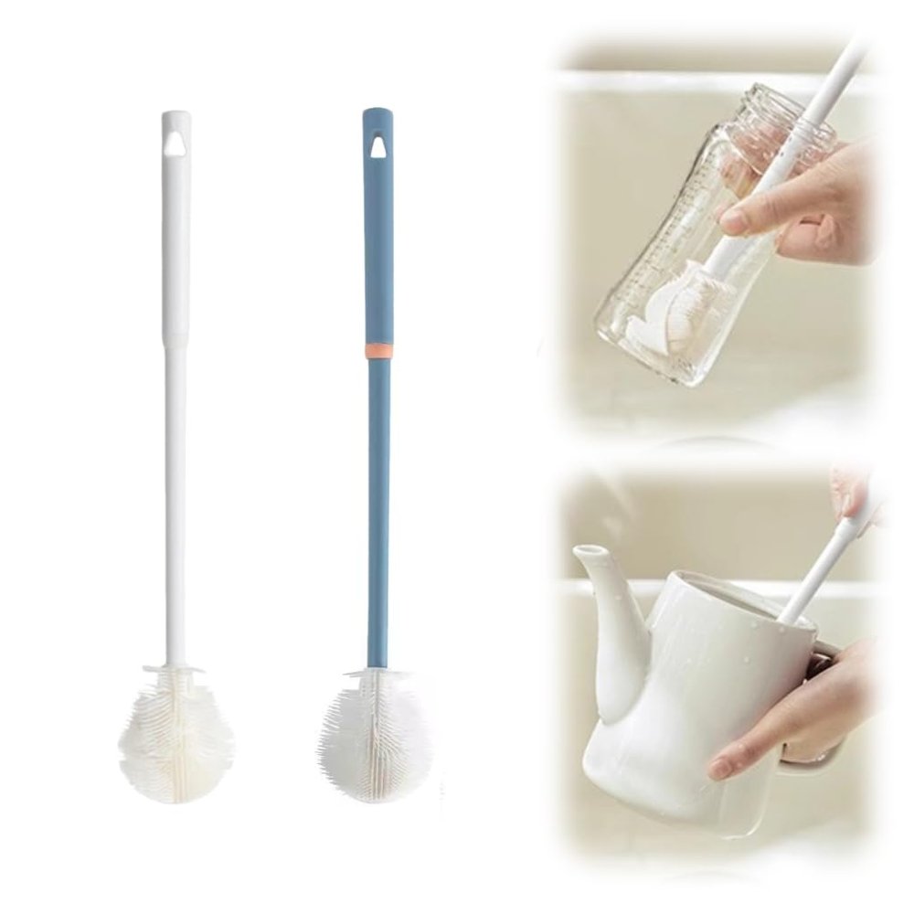 2PCS Silicone Bottle Brush, Water Bottle Cleaner Brush with Long Handle, Soft Bristle Silicone Cup Brush, 360 Flexible Cleaner, Long Handle Water Bottle & Narrow Neck Container Cleaner (White+BLUE1)