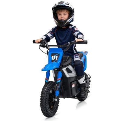 24V 350W Kids Motorcycle, 13.67 Mph Max Speed Kids Electric Bike, Dirt Bike with Rear Wheel Suspension, Music, 12 Miles Range, Twist Grip Throttle, Metal Suspension, Rubber Tire, Leather Seats, Blue
