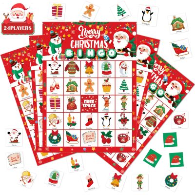HJHFMY Family Bingo Game for 24 Players - Jumbo 7x5 Cards, Thick Cardboard & Glossy Finish - Christmas Party Favors & Card Games for Family, Class, Office - Christmas Games for Kids with Guide