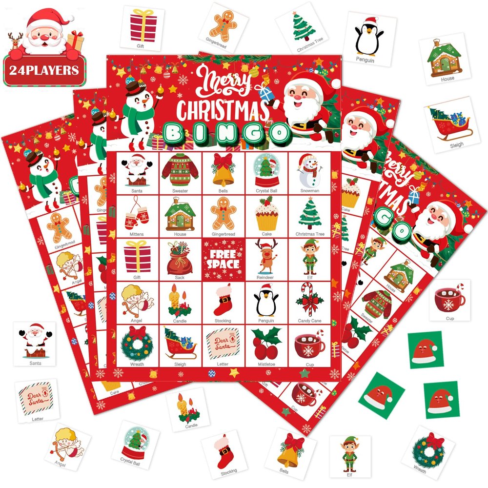 HJHFMY Family Bingo Game for 24 Players - Jumbo 7x5 Cards, Thick Cardboard & Glossy Finish - Christmas Party Favors & Card Games for Family, Class, Office - Christmas Games for Kids with Guide