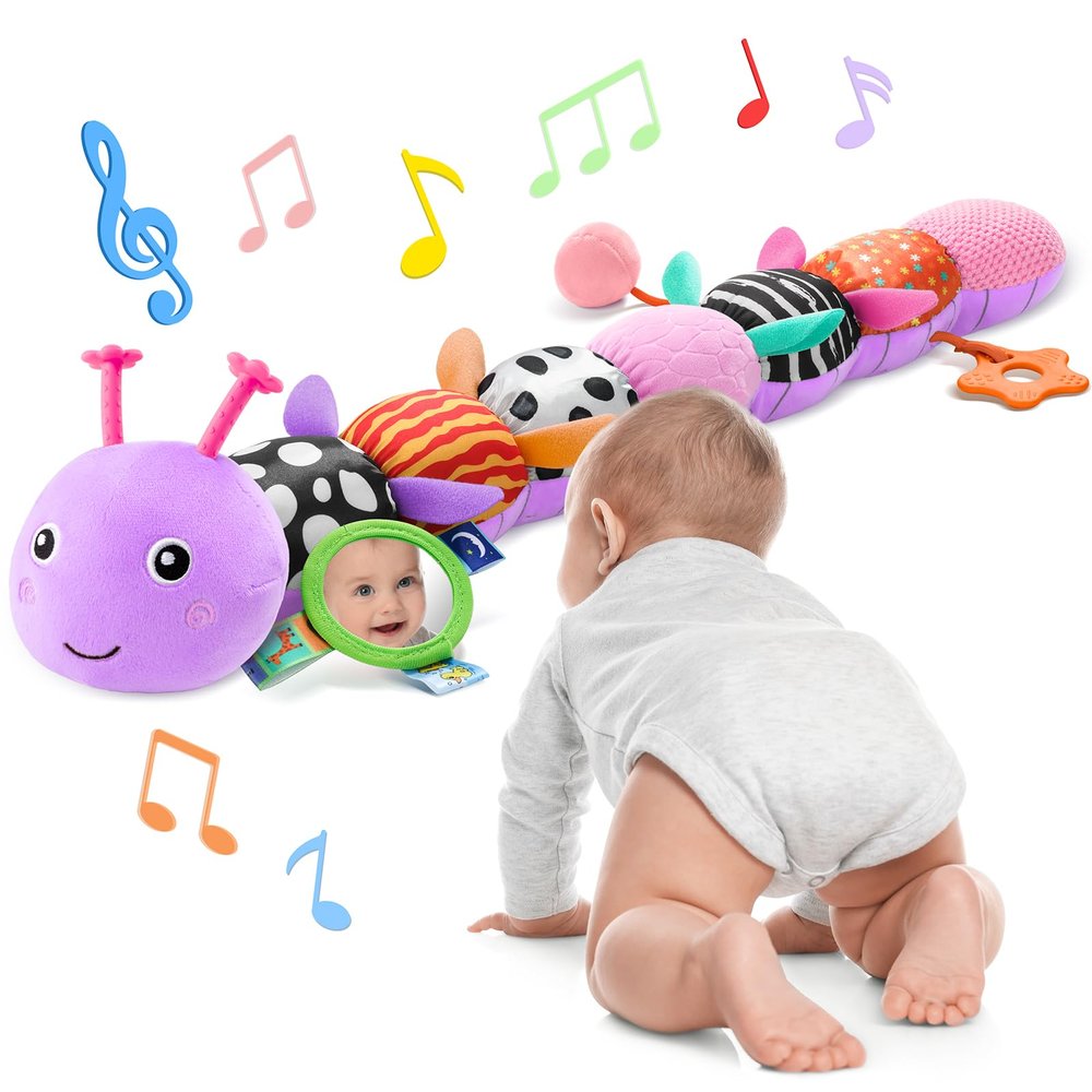 AWOTOY Baby Toys 6-12 Months Music Caterpillar Infant Toys Stuffed Animals 0-3-6 Months Teething Tummy Time Sensory Toys with Mirror Rattle&Pull String for Boys Girls Birthday Gifts|Lavender Purple