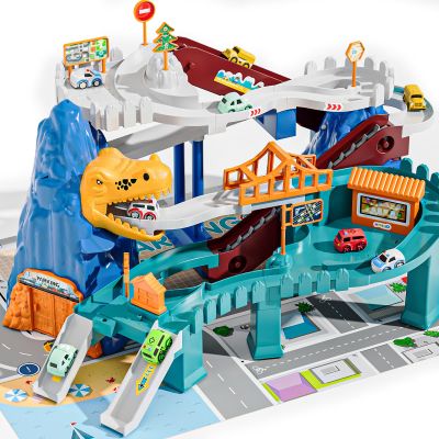 Toy Car Ramp Track Dinosaur Climbing Hills - 10 Mini Racer Cars Colorful Construction Play Set for Preschool Gifts Kids Ages 3+
