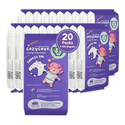 Cozycove Travel Pack Size 4 Tape Diapers Carton, Snooze On Slim Overnight Tape Diapers, Size 4 (22-33 lbs), Carton, 100 Count (20 Packs of 5)