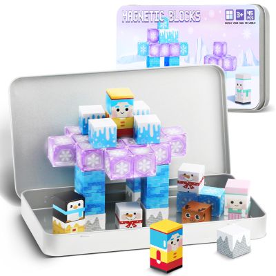 QOUBAI 45PCS Mini Magnetic Building Blocks Travel Toys, Magnet Cubes Tiles Set with Case, Birthday Classroom Learning Gifts for Kids Toddlers, Boys & Girls Ages 3-8 (Ice World)