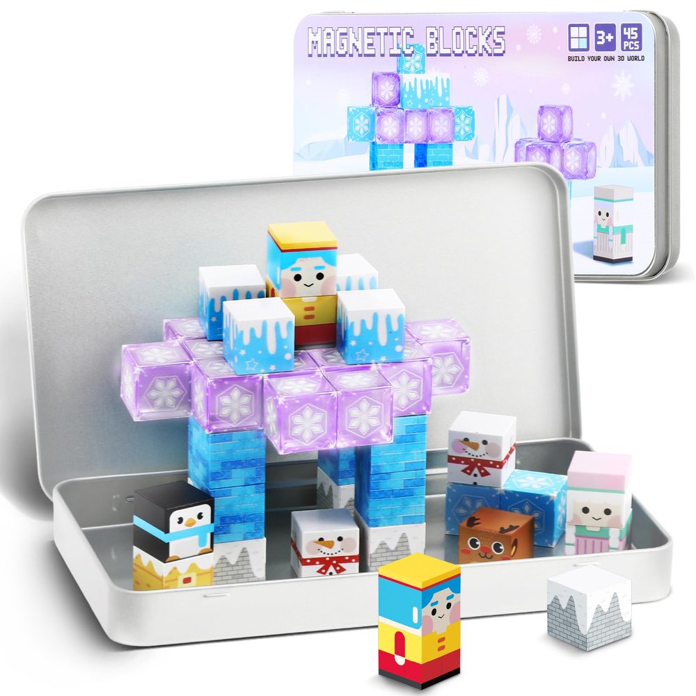QOUBAI 45PCS Mini Magnetic Building Blocks Travel Toys, Magnet Cubes Tiles Set with Case, Birthday Classroom Learning Gifts for Kids Toddlers, Boys & Girls Ages 3-8 (Ice World)