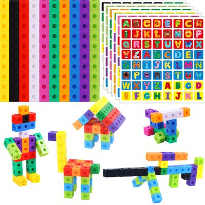100 Math Linking Cubes, Math Cubes with 384 Reusable Stickers-Letters, Numbers, Shapes, Manipulative Geometric Connecting and Counting Blocks, Educational Toy for Kids Math Learning and Fun Activities