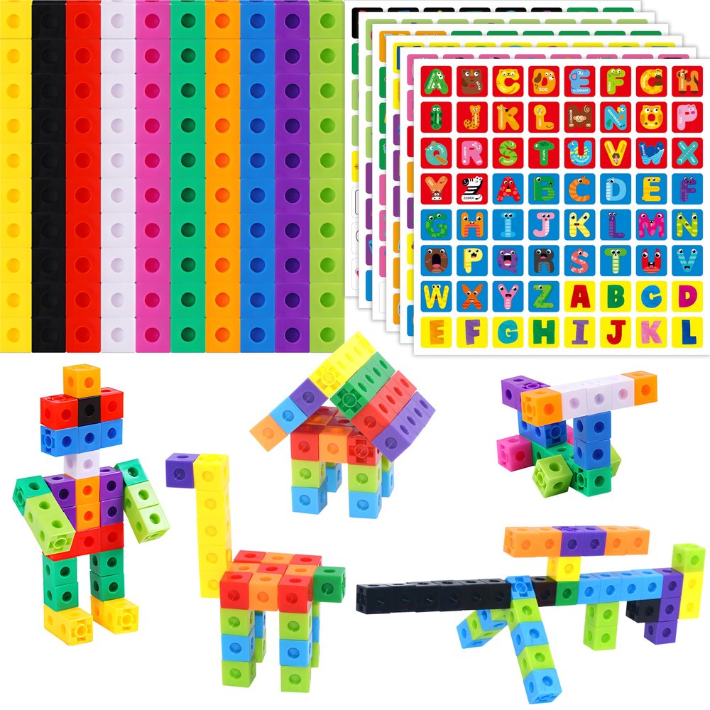 100 Math Linking Cubes, Math Cubes with 384 Reusable Stickers-Letters, Numbers, Shapes, Manipulative Geometric Connecting and Counting Blocks, Educational Toy for Kids Math Learning and Fun Activities