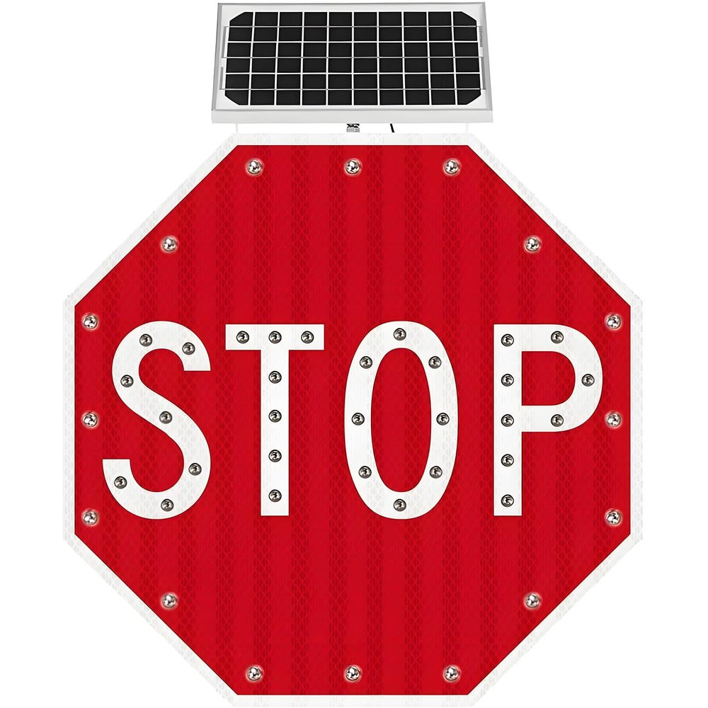 YANDDEA Solar Powered LED Flashing Stop Sign, Aluminum Octagon Road Signs Traffic LED Blinking Street Red, Heavy Duty Rust-Proof Metal Frame, Engineer Grade Reflective Film 80 * 80cm