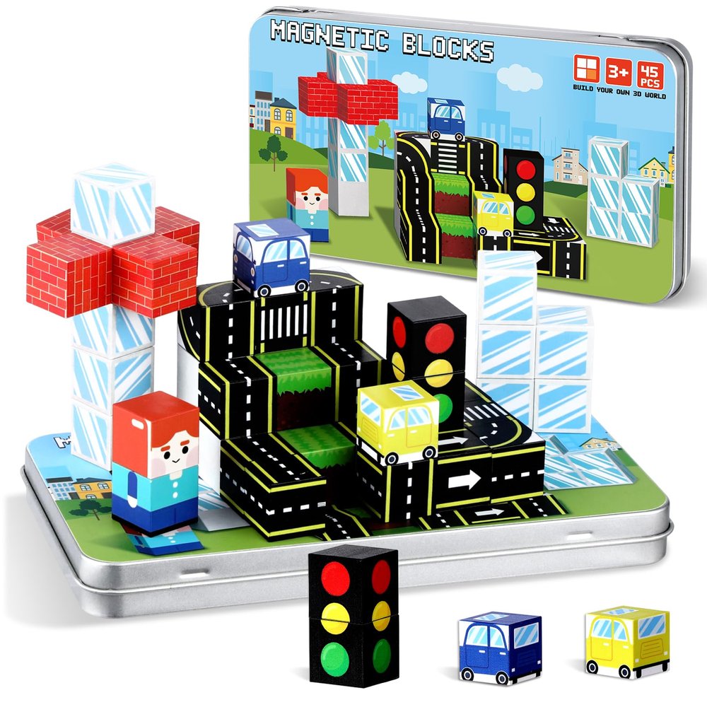 QOUBAI 45PCS Mini Magnetic Building Blocks Travel Toys, Magnet Cubes Tiles Set with Case, Birthday Classroom Learning Gifts for Kids Toddlers, Boys & Girls Ages 3-8 (Traffic Road)