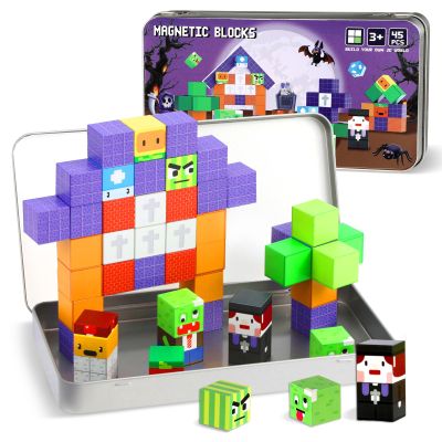QOUBAI 45PCS Mini Magnetic Building Blocks Travel Toys, Magnet Cubes Tiles Set with Case, Birthday Classroom Learning Gifts for Kids Toddlers, Boys & Girls Ages 3-8 (Zombies)