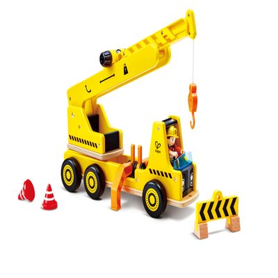 Hape Wooden Mobile Crane Construction Vehicle - Interactive Engineering Toy with Realistic Lifting Action & Foldable Support Legs - STEM Educational Gift for Toddlers & Kids Ages 3+